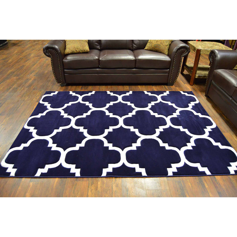 Tapis bleu marine à motif géométrique Mccampbell, Rectangle 5 pi x 7 pi