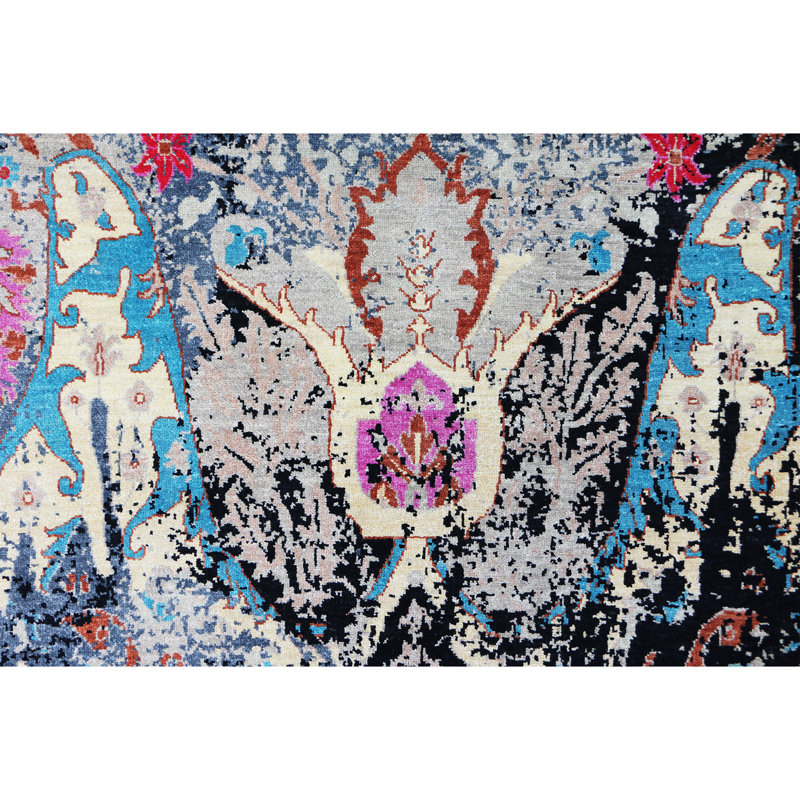 Tapis gris et multicolore de haute qualité noué à la main, Rectangle 8 pi x 10 pi
