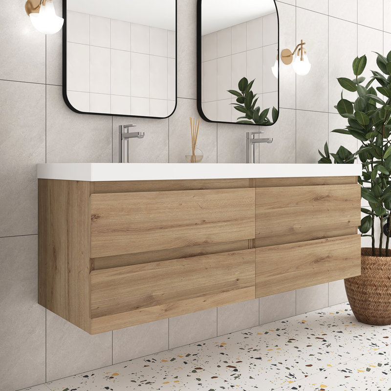 Meuble-lavabo double 60 po avec plateau en résine intégré 60 po, Chêne