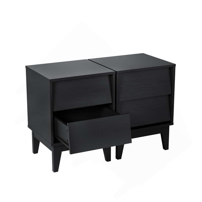Set of 2 Nightstands – Vintage-Style Bevel Design – Made of MDF, Mid-Century Modern Nightstand for Bedroom, Black