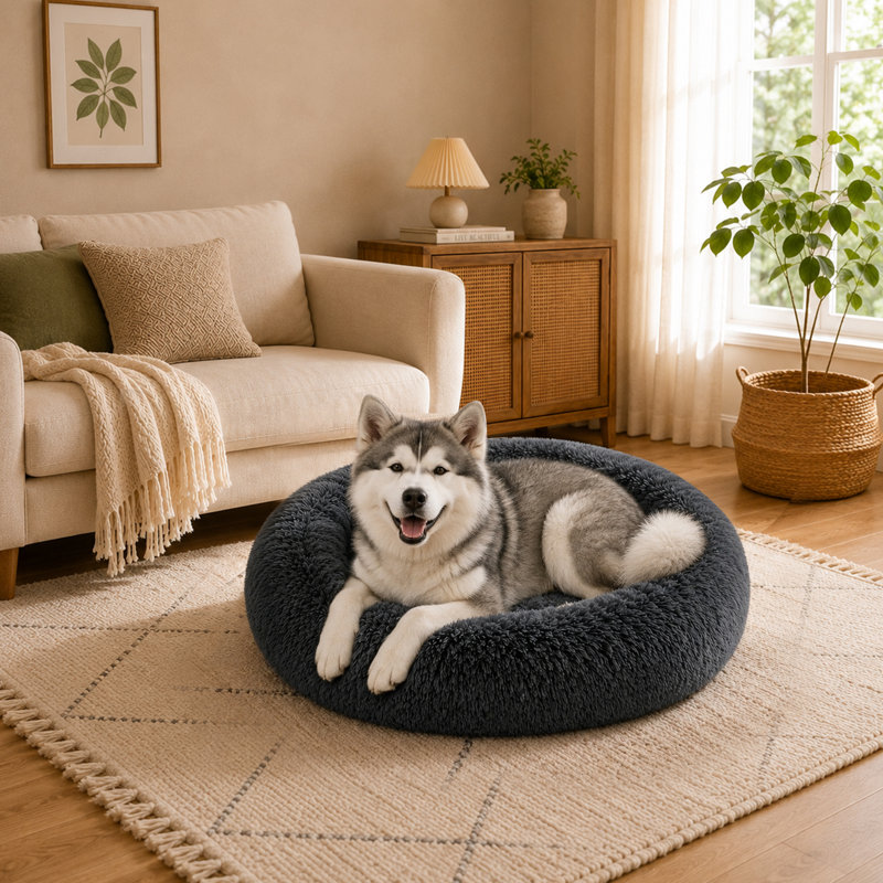 Lit pour chien en peluche rond et doux pour chien, 60cm, Dark grey