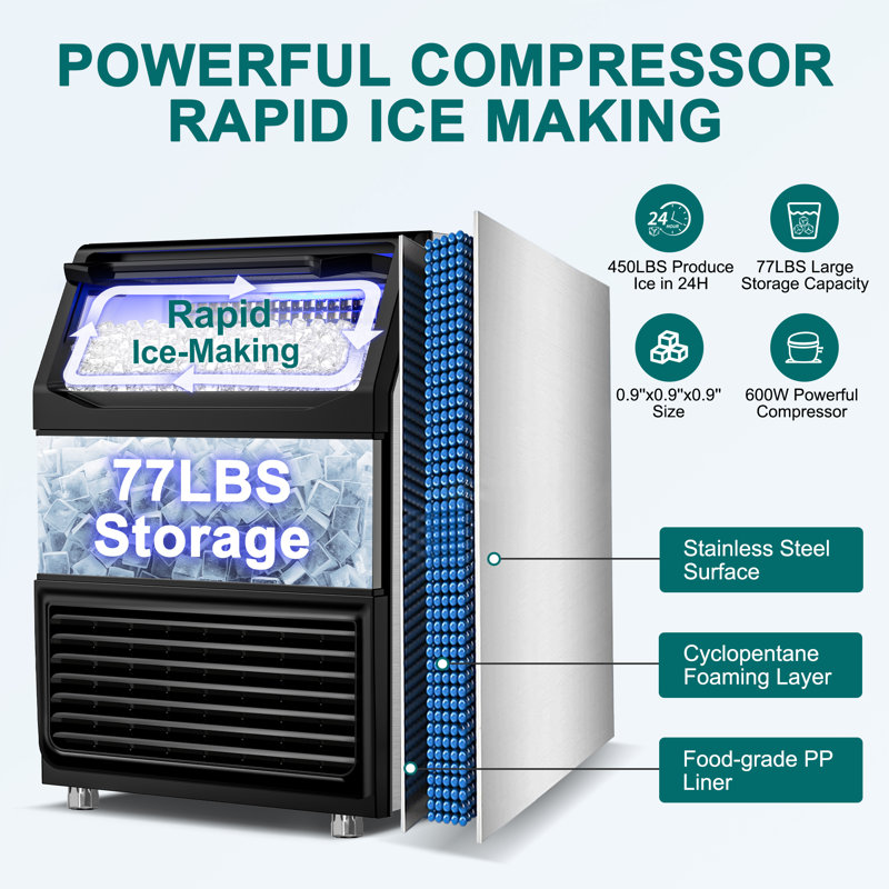 Commercial Ice Maker 450 Lb. Daily Built-in or Freestanding Ice Maker Machine with 55 lb. Storage