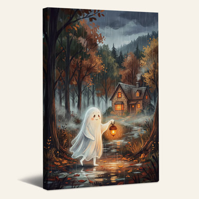 «Ghost Carrying Lantern to House in Rainy Forest», art mural sur toile