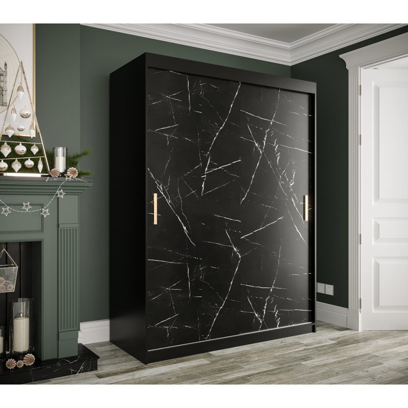 Vaucluse 2 Door Wardrobe, 200cm H x 150cm W x 62cm D, Black Matt/Black Marble