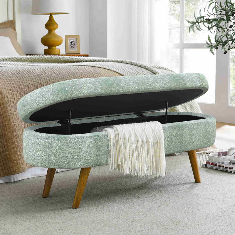 Ottoman Oval Storage Bench,Rubber Wood Legs, Cyan