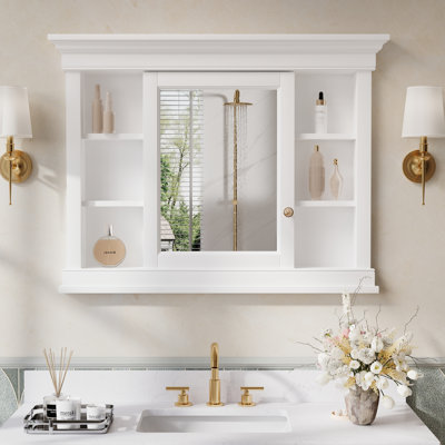 42"W X32''h Wall Recessed Mount Solid Wood Framed Medicine Cabinet With Adjustable Glass Shelves