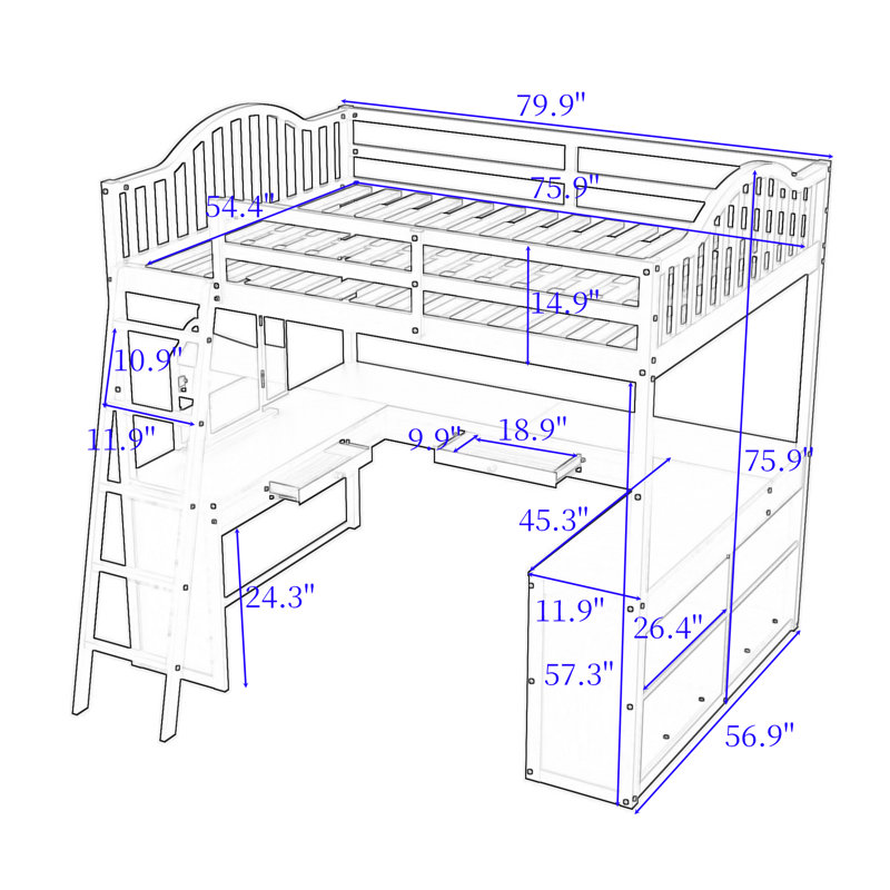Lit mezzanine complet en bois Keimon avec bureau intégré et miroir, Blanc