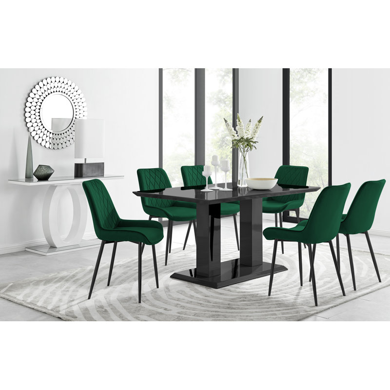 Edzard Double Pedestal High Gloss Dining Table Set with 6 Luxury Velvet Dining Chairs, Black, Green/Black