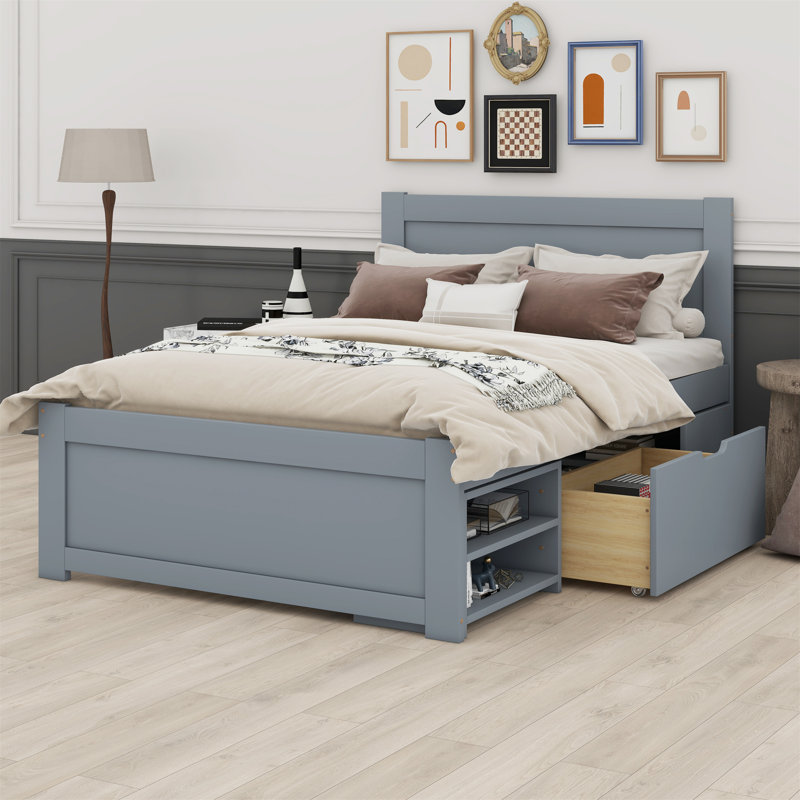 Lit plateforme avec tiroir et deux tablettes, Gris