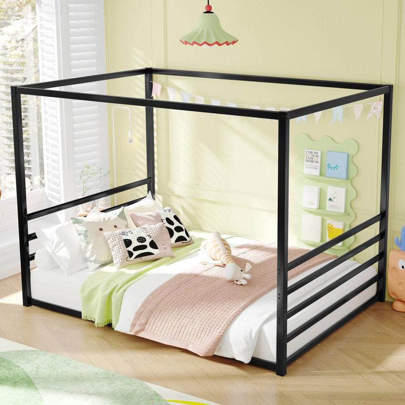 Modern Iron Double-Size Floor Bed with Multi-Functional Guardrails and Stable Structure