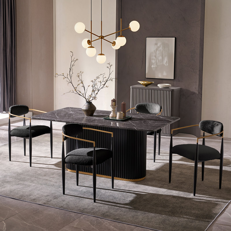 Velora Modern Faux Marble Dining Table Set for 4, Black, 5 Pieces: Table, 4 Chairs