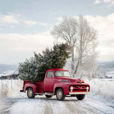 Red Truck with Christmas Tree Wrapped Canvas Wall Art