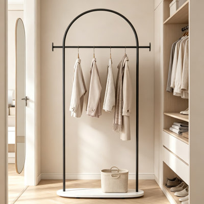 Portant à vêtements moderne sur pied avec tablette et crochets, support en métal robuste pour entrée, couloir, chambre, bureau, boutique, rangement de vêtements gain de place, noir