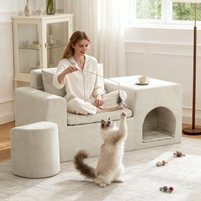 Fauteuil rembourré de 55,1 po avec coussins moelleux et repose-pieds pour animaux de compagnie, beige