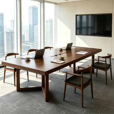 Table de conférence rectangulaire moderne en bois massif avec prises de courant intégrées