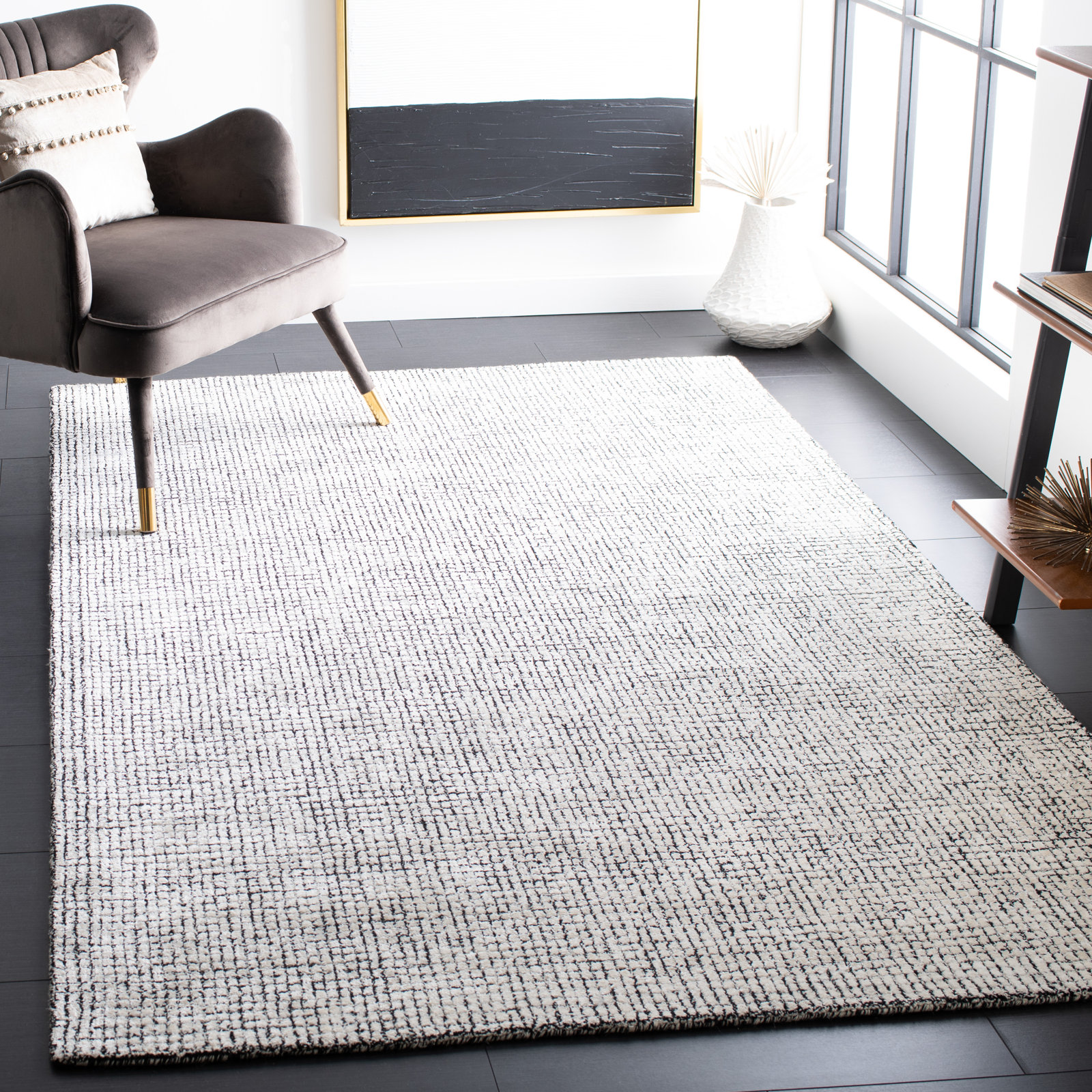 Rowe Ivory Black Hand-Tufted Checkered Rug, Rectangle 6' x 9'