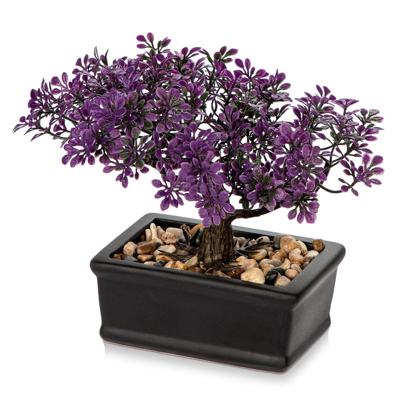 Bonsaï de genévrier artificiel avec pot en céramique noire, plante artificielle décorative à poser sur une table