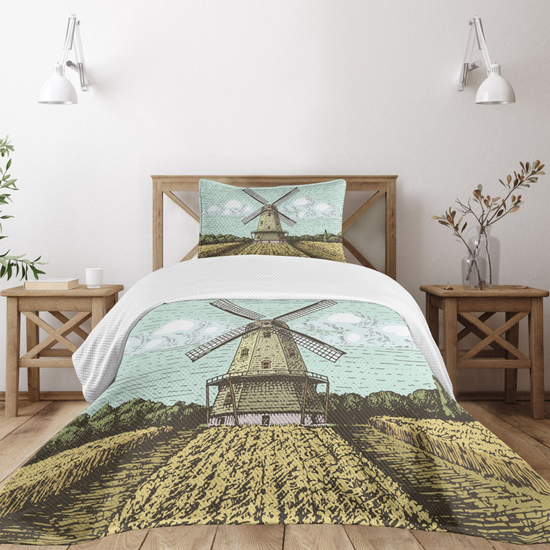 Twin White Quilted Bedspread Set with Windmill Print