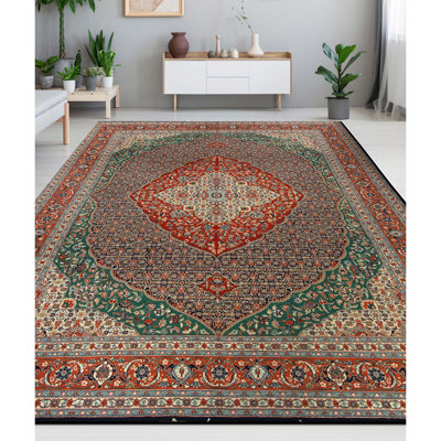 Tapis bleu marine et rouille de haute qualité noué à la main