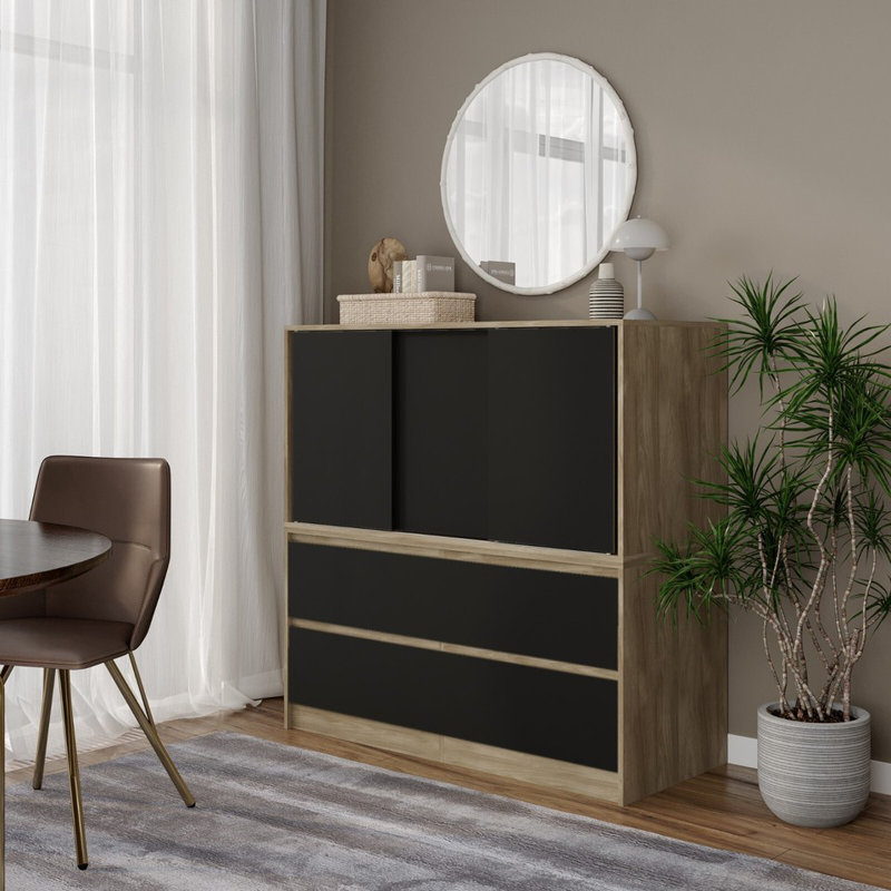 Solid Wood Rectangle Accent Cabinet, Oak with Black