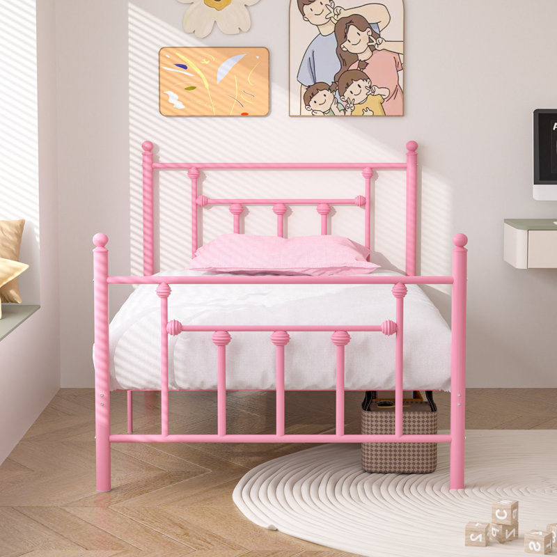 Double Metal Bed Frame with Headboard, Pink, Single (3')