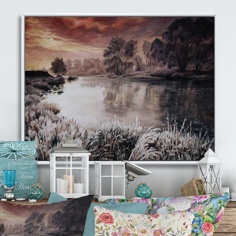 Winter River Landscape - reproduction de cadre flottant sur toile, H 24 po x l 36 po x P 1 po, Cadre flottant blanc