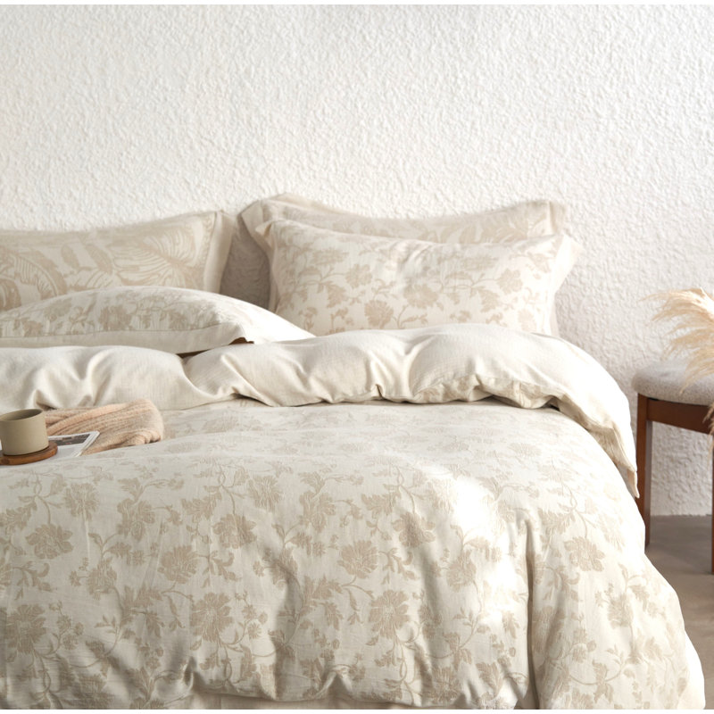 Evone Pure Linen Jacquard Duvet Cover Set with Pillowcase -Top Grade & Natural, Queen Duvet Cover + 2 Standard Pillowcases