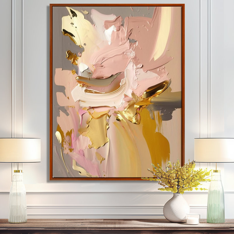 «Retro Pink and Vintage Gold Bliss - Abstract Collages», art mural, 32" H x 16" W, Cadre flottant brun