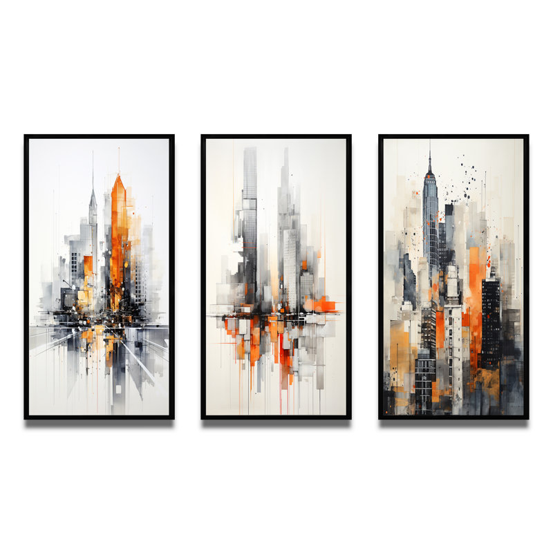 "Orange gris minimalisme urbain" 3 pièces sur toile, Cadre flottant noir, H 28 po x l 36 po