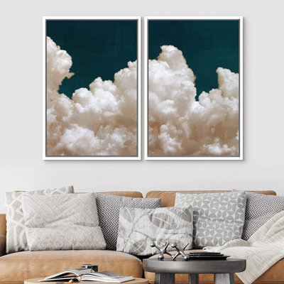 Pastel Cloud Navy Blue Sky Nature Modern Wall Art Framed On Canvas 2 Pieces Painting Print