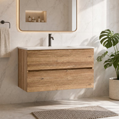 Meuble-lavabo flottant mural 36 po, chêne brut, 2 tiroirs à fermeture en douceur, lavabo en céramique intégré