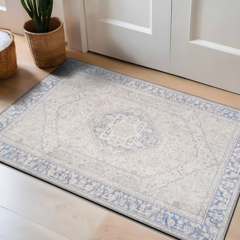 Valora Blue Traditional Washable Flatweave Rug With Non-Slip Backing, Rectangle 2' x 3'