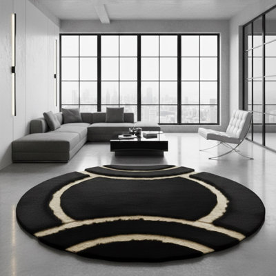 Tapis rond noir en peluche, tapis circulaire doré, tapis moelleux de luxe