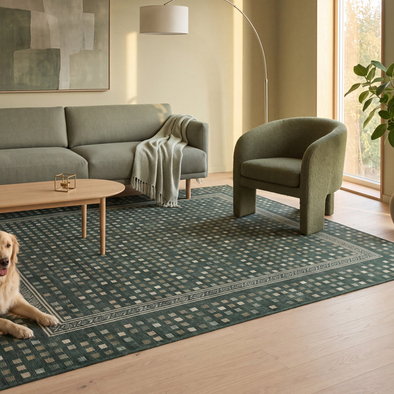 Tapis Ridge2 moderne à motif mosaïque mouchetée abstraite verte, grise et blanche, lavable à la machine, antidérapant, à poils courts, pour l'intérieur et l'extérieur, adapté aux animaux domestiques, idéal pour le salon, la chambre, la salle à manger, l'entrée, le couloir ou le bureau.