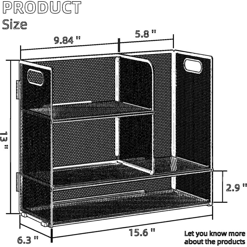 Organisateur de bureau en filet à 3 niveaux avec poignée, bibliothèque de bureau et porte-classeur pour fournitures de bureau, rangement pour la maison et la cuisine