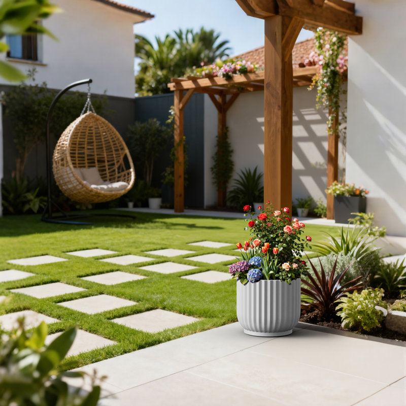 Petit pot de fleurs rond 11 po en forme de perle blanche (intérieur amélioré) avec trou de drainage, Blanc perle