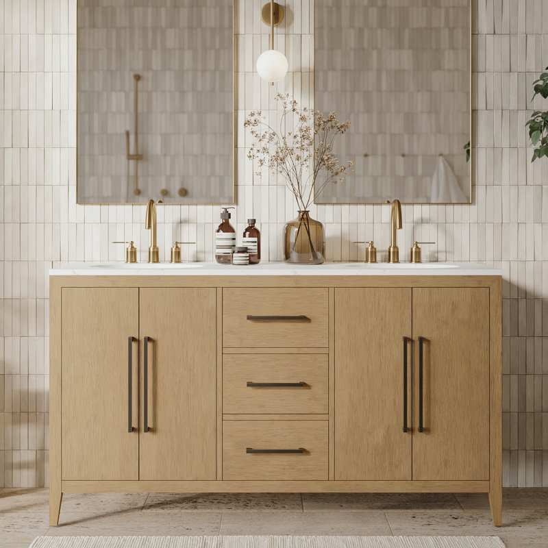 Chelsea 60" Double Bathroom Vanity Set, Brown Oak
