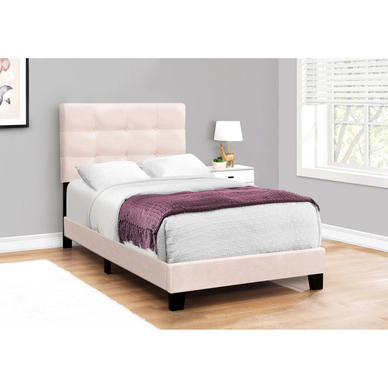 Lit simple en velours rose, lit de style transitionnel pour lit de jeunes, rembourré, moderne