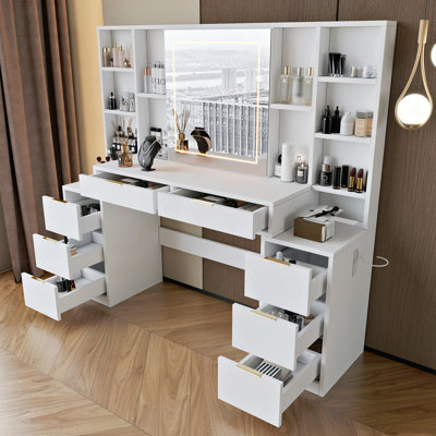 Bureau de coiffeuse luxueux avec miroir et lumières DEL réglables, table de 59 pouces avec 8 tiroirs et tablettes ouvertes pour la chambre à coucher