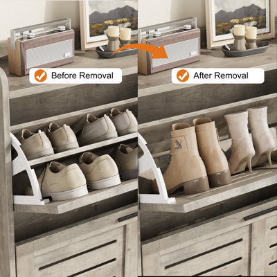 Slim Grey Shoe Storage Cabinet with 2 Flip Slatted Drawers | Hidden Farmhouse Freestanding Wood Organiser for Foyer, Hallway & Garage