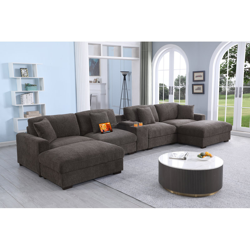 7 Piece Upholstered U-shape Sectional with Cup Holders & Charging & Storage, Dark Gray Polyester
