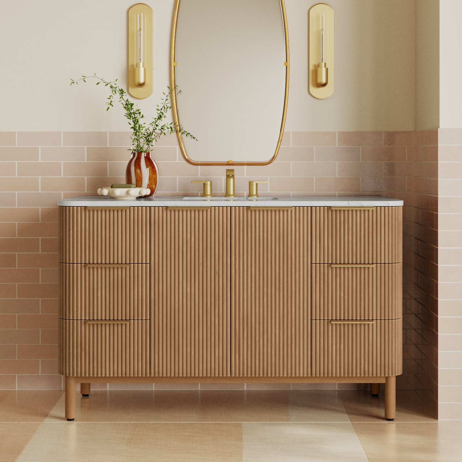 Nova 55" Marble Top Single Sink Vanity, Reeded Birch