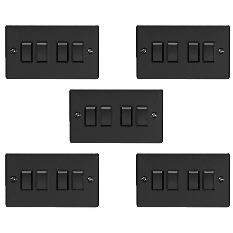 5 PACK 4 Gang Quad Light Switch ANTIQUE BRASS 2 Way 10A Black Trim, Black, Matte Black