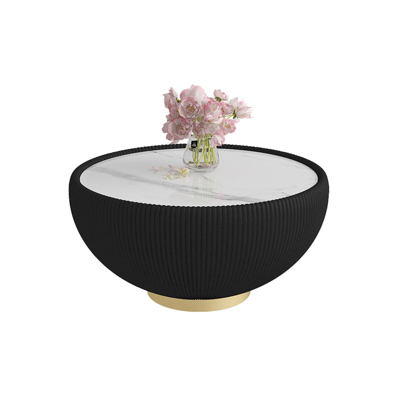 Modern Round Sintered Stone Pattern Tabletop Leather Edge Sofa End Table With Metal Base,Luxurious Side Table For Home Decor Living Room (Each Table Top Has A Unique Grey Pattern)