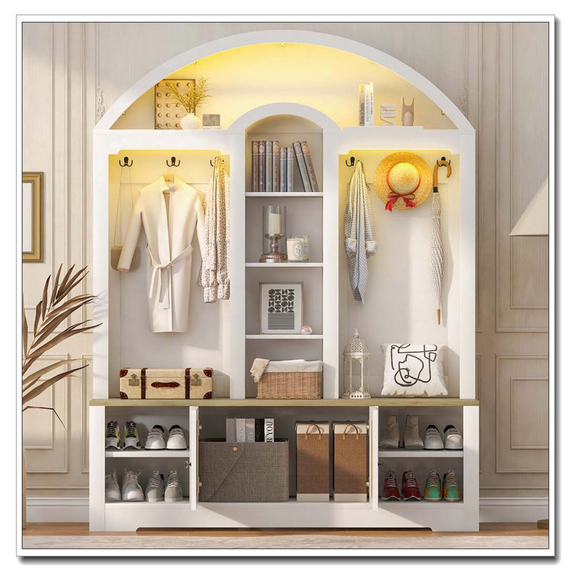 Armoire / vestibule multifonctionnelle, vestibule, Blanc + noyer
