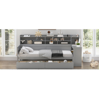 Lit de jour simple en bois gris avec structure de rangement, deux tiroirs et un bureau d'étude pour améliorer l'utilisation de l'espace dans la chambre à coucher