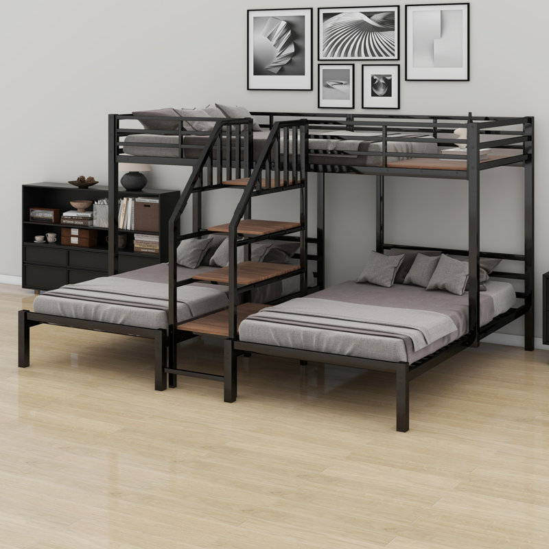 Metal Triple Bunk Bed With Storage Shelves Staircase, Black