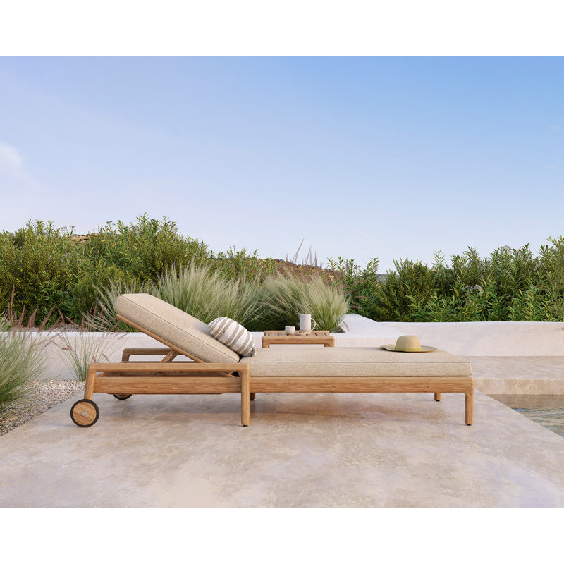 Jack Outdoor Teak Chaise Lounge, Teak Black Frame/Off White Cushion