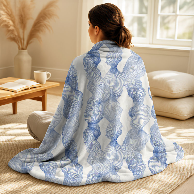 Minimalist Coastal Line III – Black Abstract Plush Blanket, Coastal Fleece Throw, Blue/Beige Abstract