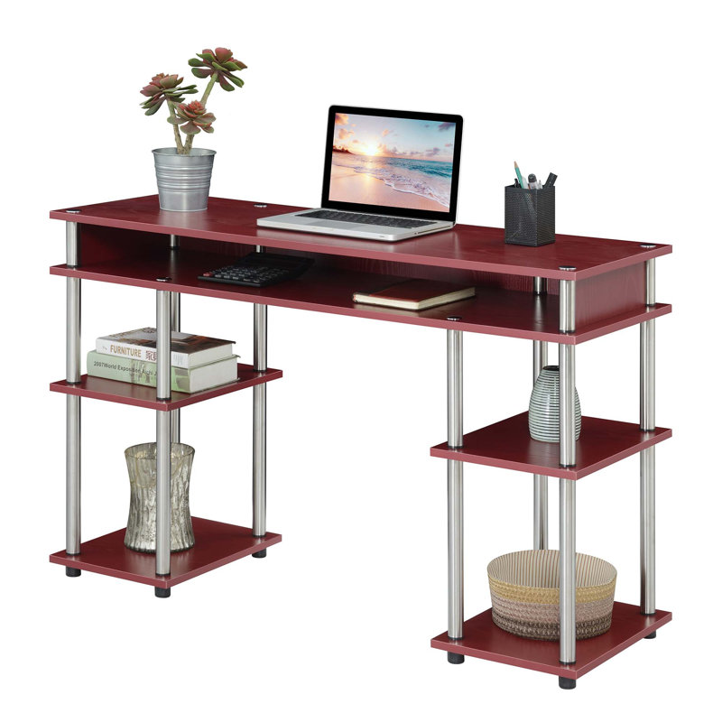Edwin No Tools Writing Desk with Shelves, Dark Cranberry Red/Silver Poles
